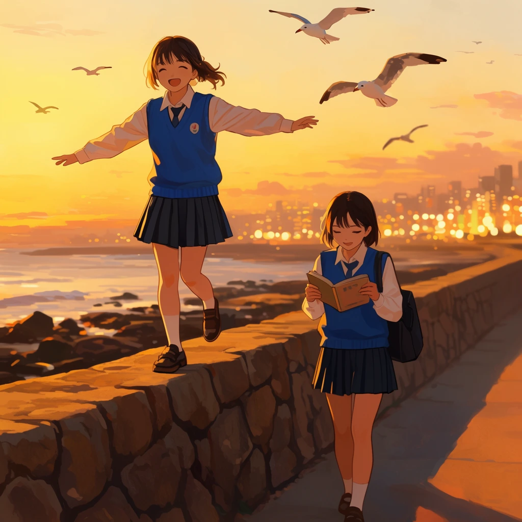 Smiling anime schoolgirl balancing on a coastal stone wall at sunset, a second schoolgirl walking below reading a book, both in blue uniform vests and pleated skirts, seagulls flying in a warm golden sky, glowing distant city lights, long shadows, digital painting
