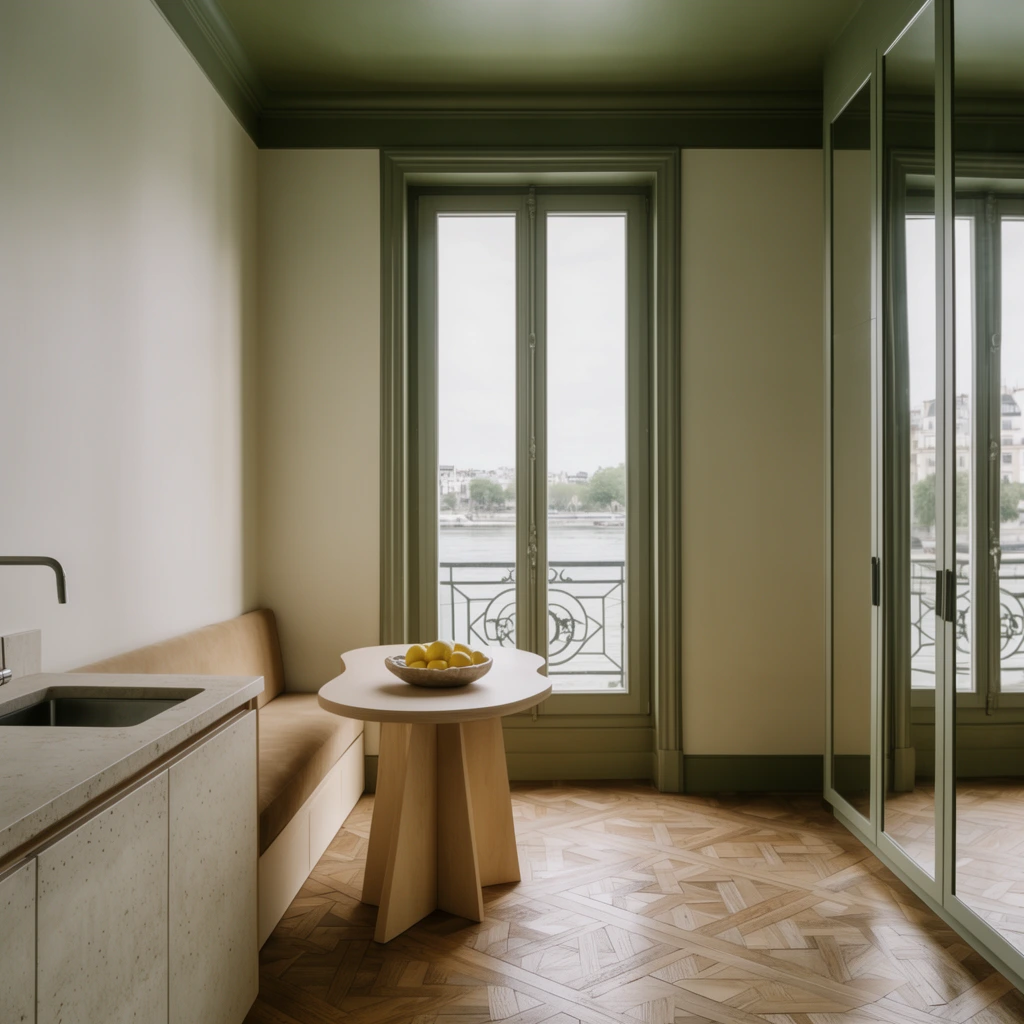 minimalist apartment interior, olive green ceiling and trim, tall French windows overlooking a river, geometric parquet wood floor, mirrored wardrobe doors, tan built-in bench, sculptural light wood table, modern kitchen counter, bowl of lemons, soft natural daylight, muted earthy palette, architectural photography