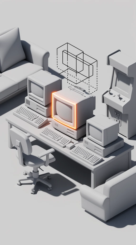 isometric 3D clay render of a retro computer room, monochromatic gray palette, untextured models, central CRT monitor highlighted by a glowing orange outline, hovering black geometric wireframes, dashed lines, chunky desktop computers, arcade cabinet, office chair, sofa, sharp cast shadows, minimalist aesthetic