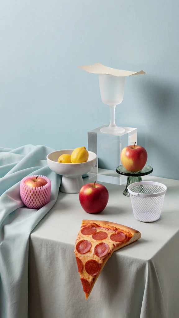 A surreal still life arrangement of fruit, glassware, and a slice of pizza is set against a pastel blue backdrop on a draped table. In the foreground, a single triangular slice of pepperoni pizza with a thick crust and six red circular pepperoni slices hangs over the front edge of a table covered in a light grey cloth. Behind the pizza, the tabletop holds a curated collection of objects including a bright red apple resting directly on the surface and another apple to its left encased in a pink foam protective sleeve, nestled within the folds of a draped light-blue fabric. Two small yellow lemons sit inside a white ceramic footed bowl. To the right, a third apple rests atop a small, dark green glass pedestal. A clear acrylic rectangular block supports a tall, frosted white glass goblet, which is topped with a thin, irregular piece of beige paper. An empty white mesh fruit sleeve sits upright on the table near the right edge. The background consists of a solid, matte light blue wall. The scene is illuminated by soft, diffused lighting that casts gentle shadows to the right, highlighting the textures of the various surfaces. The color palette is dominated by muted pastels, including shades of pale blue, soft white, and grey, contrasted by the vibrant red and yellow of the food items. The composition uses a variety of heights and textures, creating a sense of balanced yet unconventional stillness from a slightly elevated eye-level perspective.