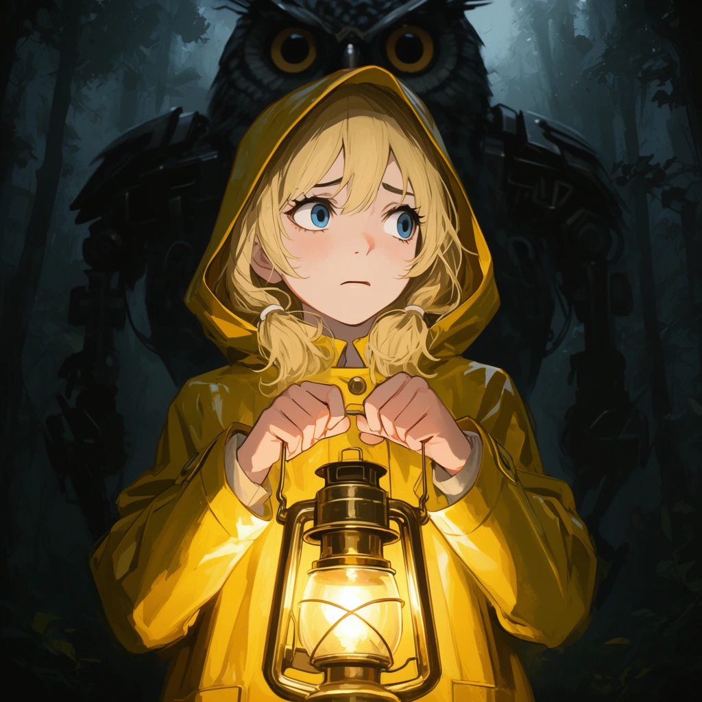 young blonde girl in a yellow raincoat, clutching a glowing brass lantern, anxious sideways glance, dark atmospheric forest, looming mechanical owl silhouette in background, dramatic chiaroscuro lighting, anime realism digital painting
