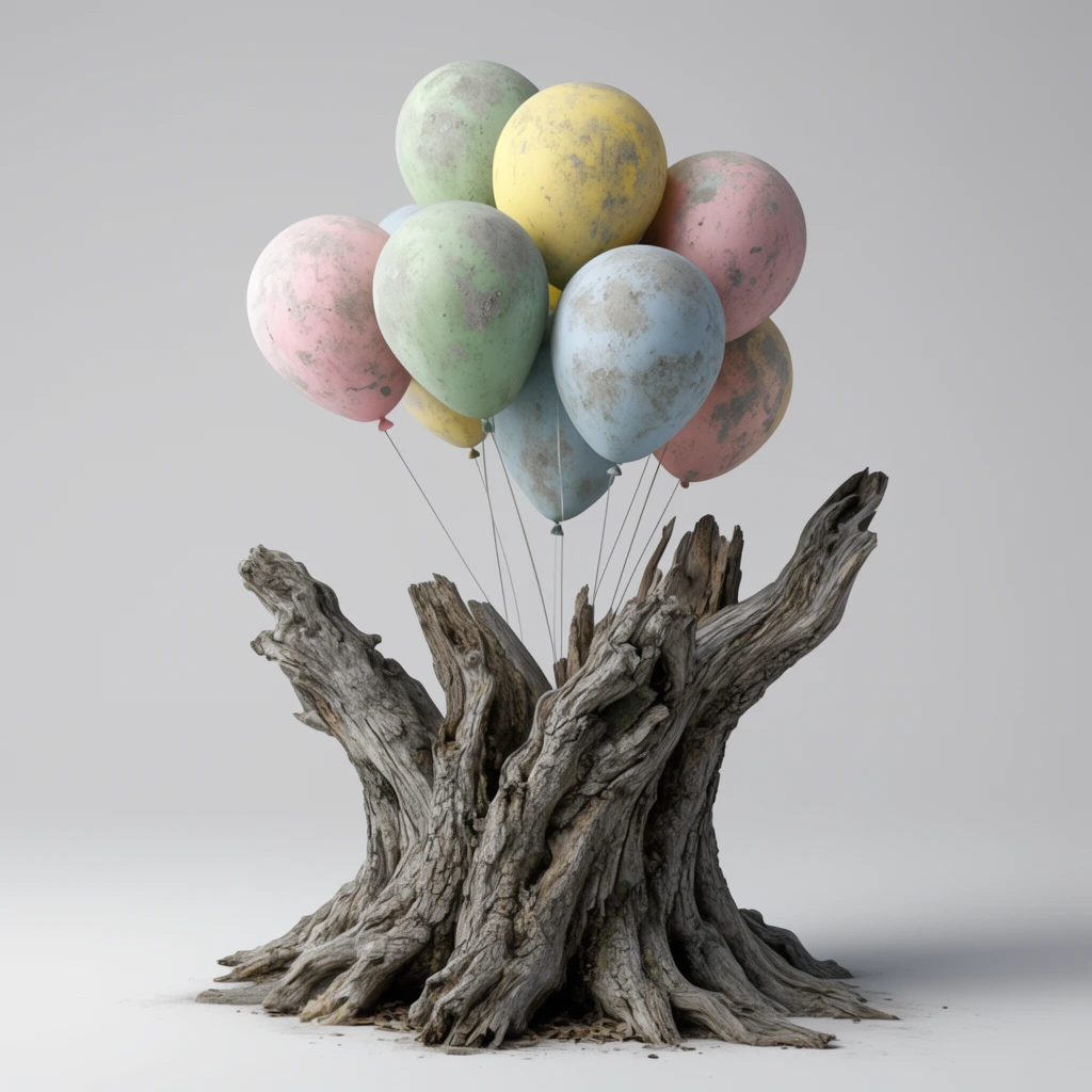 weathered pastel balloons emerging from a gnarled tree stump, mottled pink green blue and yellow spheres with dirty concrete texture, rough grey-brown bark, seamless light grey studio background, soft diffuse lighting, surreal still life