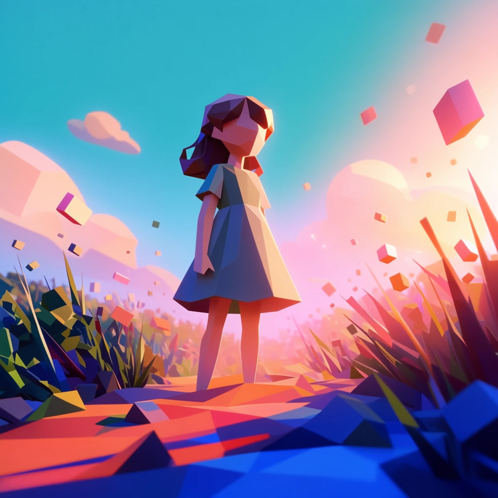 A girl composed of sharp, low-poly faceted shapes stands in a geometric field, rendered in a crisp 3D digital illustration style. The girl features smooth, matte polygonal surfaces with flat shading and sharp edges. She is surrounded by a stylized landscape of blocky terrain and angular, faceted vegetation. Geometric rectangular prisms and cubic particles float suspended in the air around her. The composition utilizes a low-angle perspective pointing upward toward a vibrant, smooth cyan sky with rounded, flat-shaded stylized clouds. Radiant, blooming peach and magenta sunlight heavily backlights the scene, creating a luminous atmospheric haze. The intense directional light casts sharp, deep ultramarine and bright blue geometric shadows across the vibrant coral and orange angular ground, emphasizing highly saturated color gradients and a luminous, crisp vector-like aesthetic.