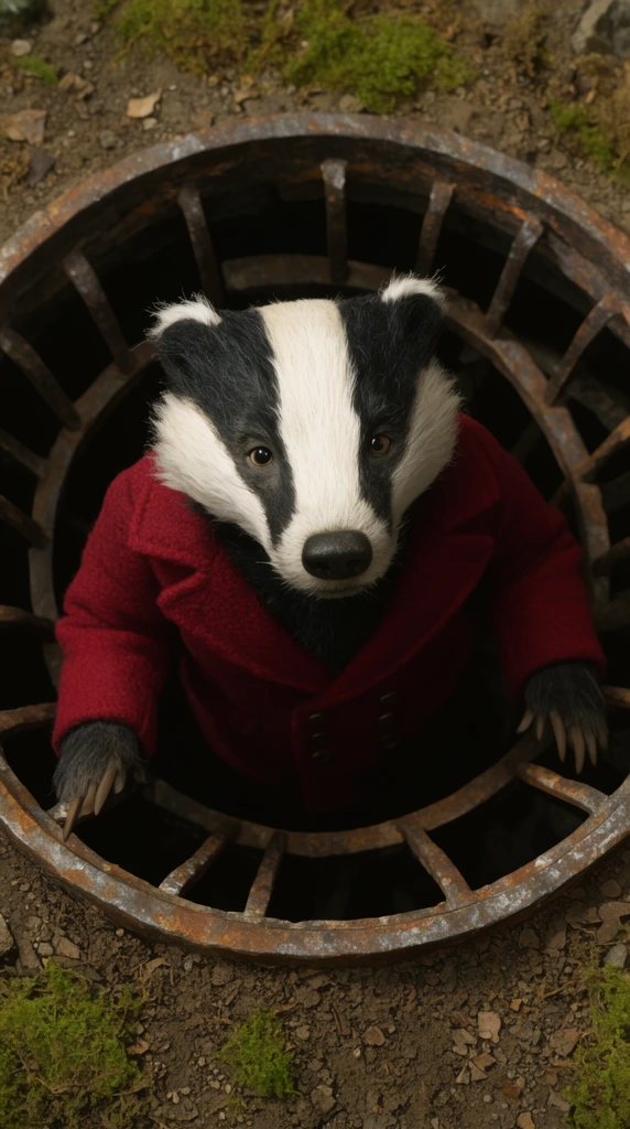 anthropomorphic badger in a crimson wool peacoat peering up through a rusted circular iron grate, dark shaft, mossy dirt ground, tactile stop-motion style