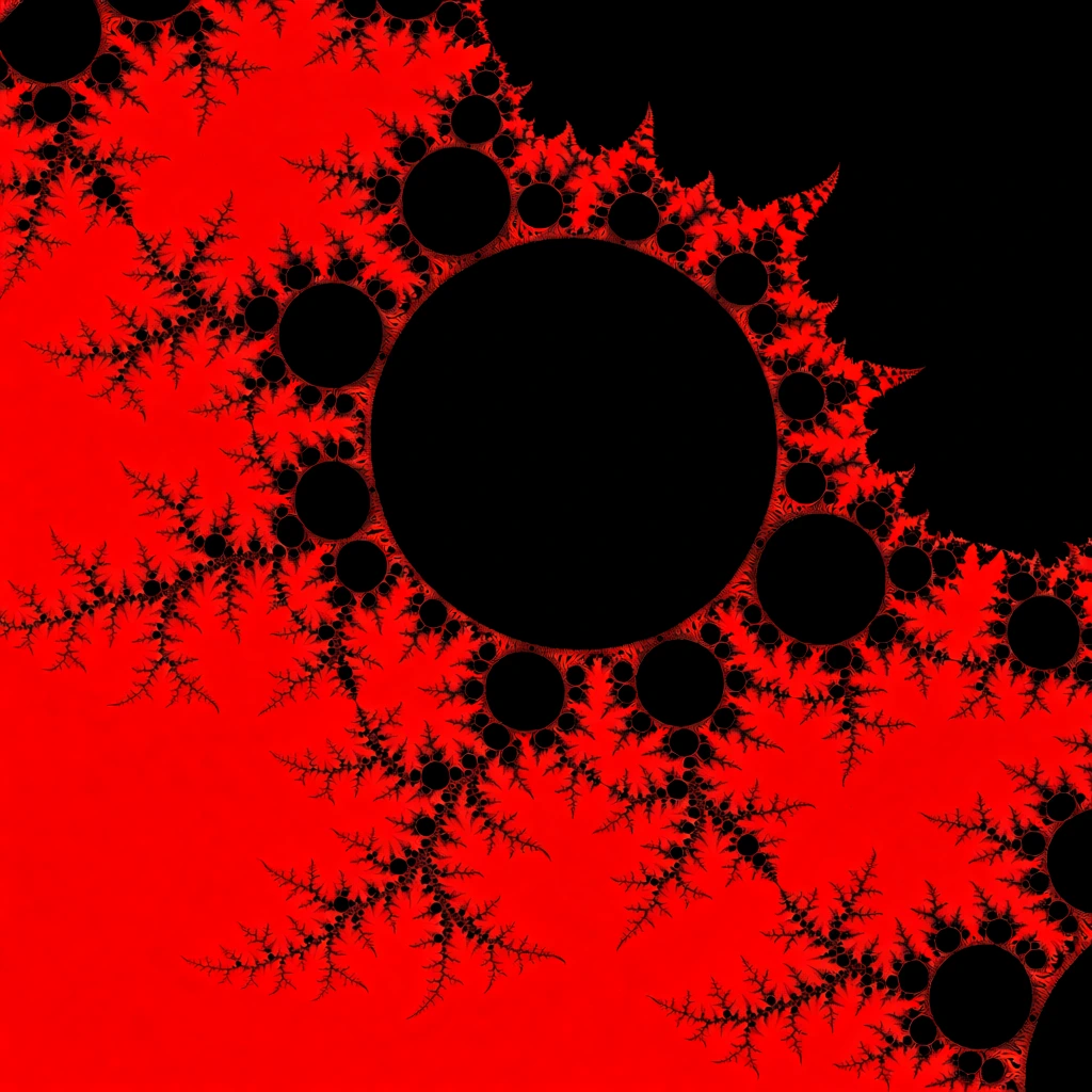 An intricately detailed red and black fractal image reveals the complex, self-similar boundaries of a Mandelbrot set visualization. A large, solid black circular bulb dominates the upper center-right portion of the frame, bordered by smaller black circular bulbs of various sizes that emerge from its perimeter. These dark shapes are surrounded by an exceptionally dense and intricate network of branching, swirling, and spiraling patterns. To the lower left, a vast field of solid, vibrant red transitions into fine, fern-like structures and dendrites that reach toward the center. The upper right corner consists of a solid black void. Throughout the red region, recursive filaments create tiny, repeating versions of the main circular shapes, often forming the cores of swirling galaxies or the tips of delicate, vein-like branches. Some areas exhibit a moss-like texture composed of countless minuscule black dots scattered across the red background. This digital rendering of a mathematical plane uses a high-contrast color palette, where the sharp distinction between the red and black areas highlights the infinite complexity of the fractal's edge. The composition is a high-magnification zoom, presented from a flat, two-dimensional perspective with no artificial lighting or shading.