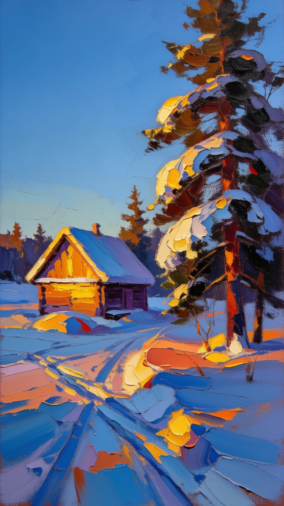 An impressionistic oil painting captures a serene winter landscape at dawn or dusk, featuring a small wooden cabin and a towering evergreen tree. The cabin, situated in the middle ground toward the left, is built of dark timber with a gabled roof heavily laden with a thick layer of blue-toned snow. Its front facade is bathed in a warm, brilliant golden light from a low-angled sun, contrasting sharply with the deep shadows on its side. To the right of the cabin, a tall pine tree stands prominently, its dark branches weighed down by large clumps of snow that also catch the golden sunlight on their left-facing surfaces. The foreground is filled with a vast, snowy field rendered in textured brushstrokes of cobalt and periwinkle blue, representing deep shadows, with a few diagonal tracks carved into the surface leading toward the house. Small patches of bright orange light hit the snow's surface near the cabin and tree, creating a rhythmic play of light and shadow. In the distant background, a line of smaller, shadowy trees sits on the horizon beneath a solid, vibrant blue sky. The artwork utilizes a thick impasto technique, with visible, heavy brushstrokes that create a sense of depth and physical texture across the entire canvas, emphasizing the contrast between the cool blue palette of the shadows and the intense gold of the direct sunlight.