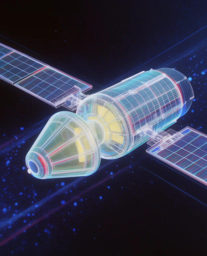 holographic wireframe spacecraft, conical capsule and cylindrical body, extended rectangular solar panels, translucent neon cyan and white structural grid, soft yellow internal illumination, pronounced red and blue chromatic aberration, deep dark space environment, glowing blue particles, intersecting light trails, distant stars, 3D digital schematic rendering, retro-futuristic blueprint aesthetic, deep blue and magenta tones