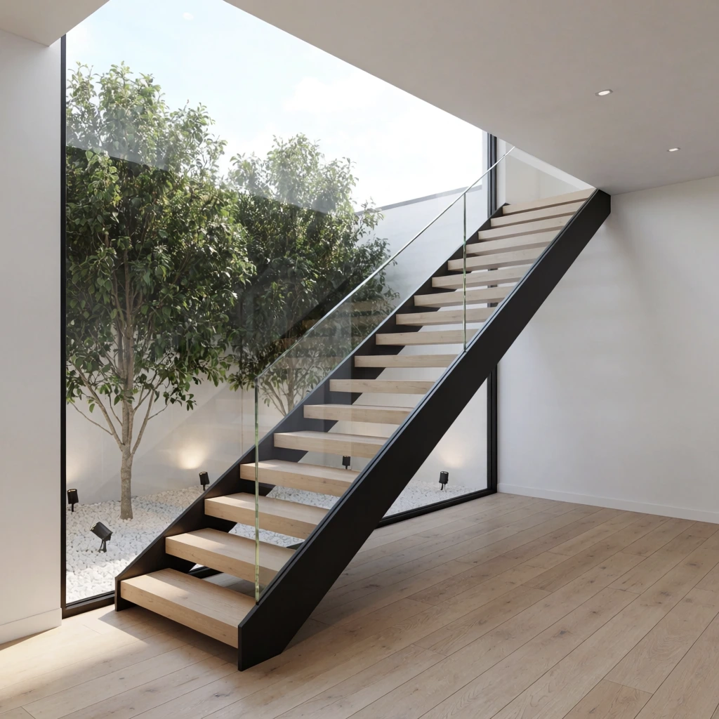 modern minimalist floating staircase, light wood treads on an angled black metal central stringer, clear glass railing, light oak plank flooring, massive floor-to-ceiling window revealing an outdoor courtyard, white gravel ground, slender trees with dense green foliage, black landscape uplights, bright natural daylight, contemporary architectural photography, clean geometric lines