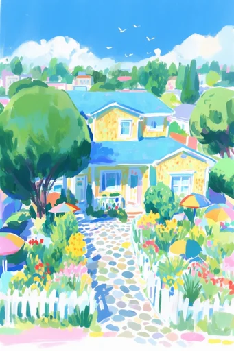 Vibrant Sunlit Gouache style AI image example 4