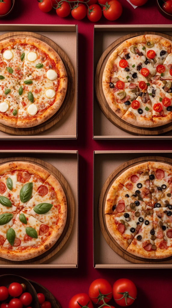 four square pizza packaging boxes in a two-by-two grid on deep red, top-down view of different pizzas on wooden serving boards, fresh tomatoes, warm commercial lighting