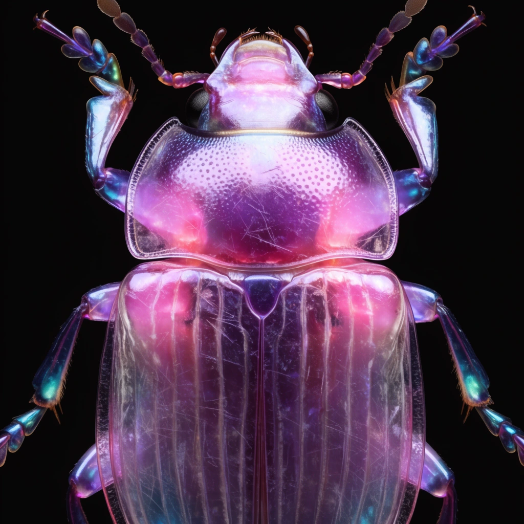 translucent iridescent purple beetle viewed from above, glowing pink and magenta hues, glass-like carapace with surface scratches, dimpled pronotum, vertically striated semi-transparent elytra, segmented legs with cyan highlights, stark black background, hyper-detailed macro photography, reflective jewel-like aesthetic