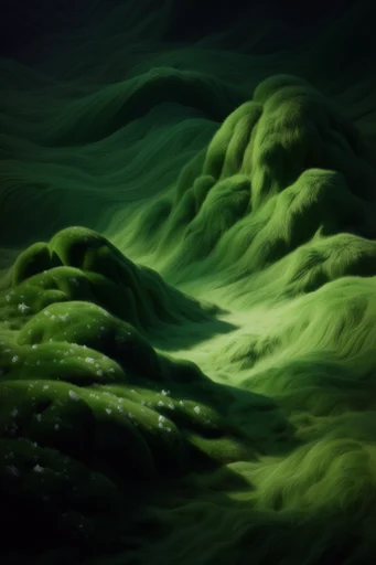 Surreal Verdant Biomorphism style reference image — surreal mossy landscapes