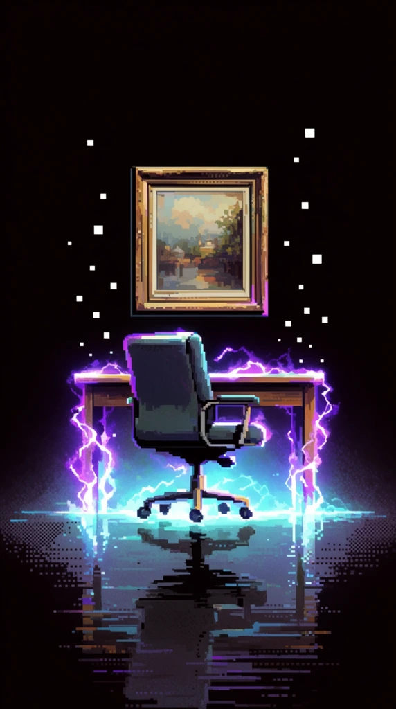 A retro-style pixel art illustration of an office chair tucked into a desk directly below a framed painting, all isolated against a solid pitch-black background. The desk, chair, and painting are sharply rendered with blocky, distinct pixels featuring heavy contrast and stylized shading. Brilliant, crackling lines of electric purple and neon cyan energy wrap around the base and legs of the furniture, radiating an intense, luminous underglow. Crisp, stark white square pixel particles drift upward from the glowing desk setup, floating like scattered digital embers into the upper black space. Below the desk and chair, a dark, stylized reflection ripples downward, utilizing horizontal pixel streaks and subtle dithering to simulate a glossy, mirrored floor catching the vibrant cyan light and the shadowy silhouettes of the office setup.