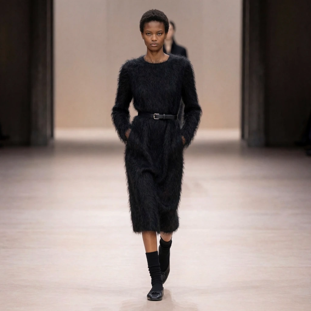 A female model with short natural hair walks down a minimalist runway wearing a fuzzy, highly textured black long-sleeved dress. The garment is cinched by a thin black belt with a silver buckle, her hands tucked into front pockets. She pairs the dress with black slouchy socks and black flats. A softly blurred background reveals a smooth pale beige floor framed by dark architectural pillars, with another figure trailing behind. Soft diffused lighting highlights the stark contrast between the textured fabric and the sleek, muted beige environment in this full-body editorial fashion photograph.