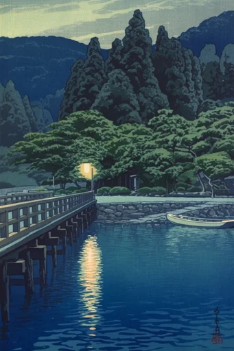 Atmospheric Shin-Hanga Nocturnes style reference image — japanese woodblock print