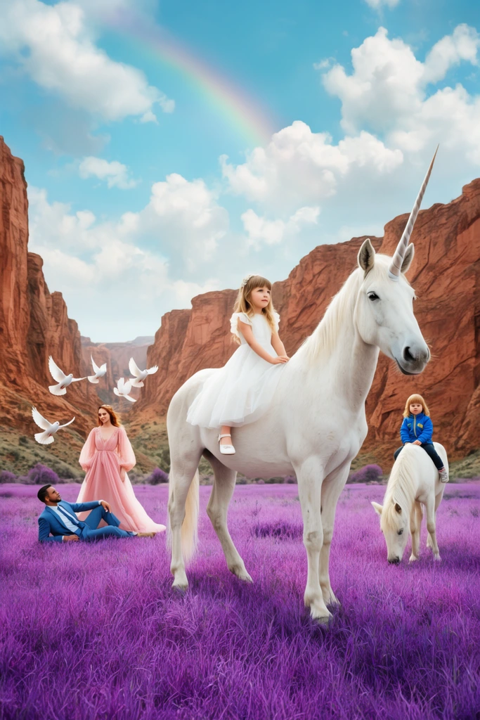 A surreal fantasy scene features a young girl in a white dress riding a massive white unicorn through a vibrant field of purple grass. Nearby, a second child in a blue jacket sits on a smaller grazing unicorn. To the left, a woman in a flowing pink gown stands beside a man reclining in a blue suit, surrounded by fluttering white doves. Towering reddish-brown canyons rise in the background under a bright sky with fluffy clouds and a faint rainbow, rendered in bright, saturated composite photography.