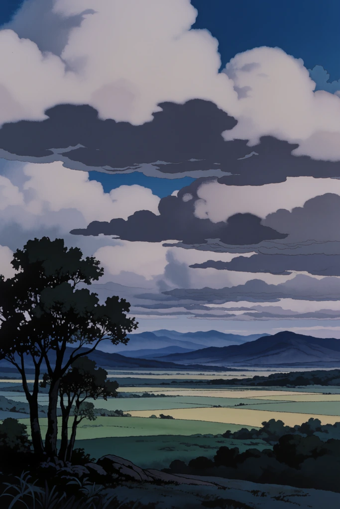 vast rolling plains in traditional 2D animation background style, dark silhouette of a leafy multi-trunked tree in the left foreground, sprawling flatlands with color-blocked fields of muted green and pale yellow, distant mountain ridges fading into deep blue atmospheric perspective, dramatic sky filled with thick stylized layered clouds, flat dark shadows on cloud undersides, cool-toned color palette of purples and grays, cel-shaded rendering, deep depth of field