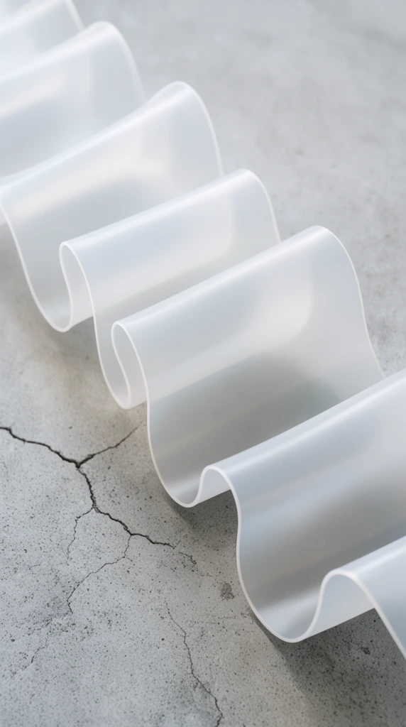 undulating translucent white plastic ribbon, continuous smooth curves, resting on textured gray concrete with a thin branching crack, minimalist abstract close-up, soft diffused lighting, smooth shadow gradients