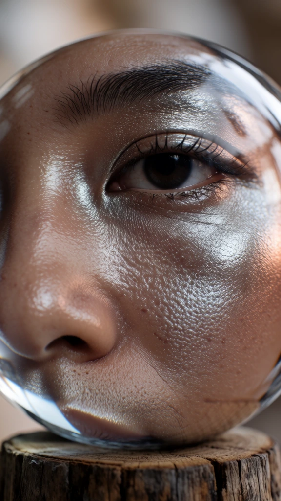 macro photography, close-up of a face showing a single eye, eyebrow, part of the nose, and cheek, skin featuring a hyper-detailed metallic texture, centered composition reflecting within a clear glass sphere resting on a textured weathered wooden stump, extreme shallow depth of field with a soft blurred neutral background, cool silver and warm copper tones, sharp focus on the iris and skin pores, high contrast, ethereal natural lighting, minimalist aesthetic, ultra-sharp cgi rendering