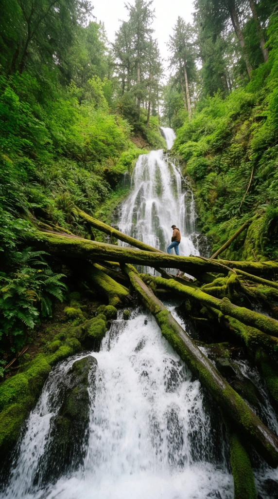 massive fallen logs coated in vibrant green moss crossing a rushing waterfall, small figure in a brown jacket and blue jeans standing on the timber, towering multi-tiered waterfall cascading down a steep forested incline, foaming white water over dark wet rocks, dense lush green foliage, ferns, tall coniferous trees at the peak, low angle perspective looking upward, wide-angle nature photography, vivid greens, diffused daylight