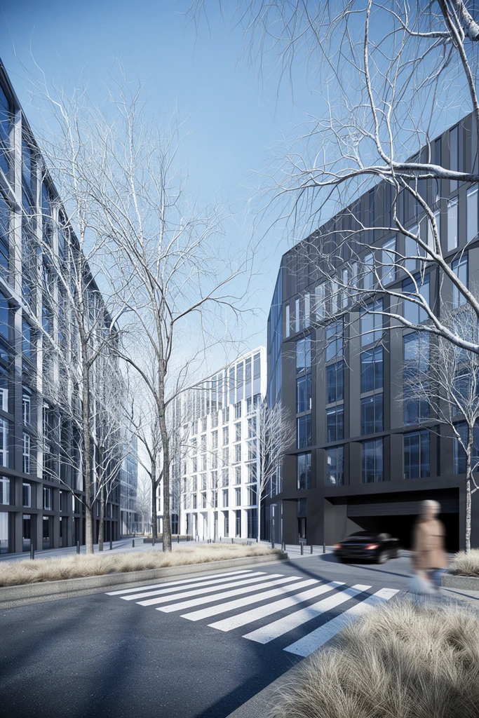 Modern urban street scene, architectural render, tall bare trees casting sharp shadows, dark gray and white glass office buildings, paved road with white crosswalk, dry grass planters, motion-blurred black car entering garage, blurred pedestrian, bright cool winter sunlight, clear blue sky, wide-angle