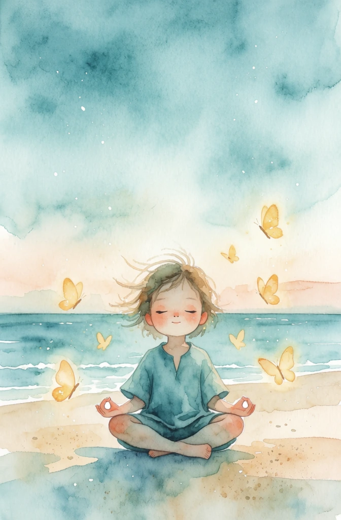 A gentle, dreamlike watercolor illustration shows a young child meditating cross-legged on a quiet beach at dusk, facing forward with eyes closed and a peaceful smile, surrounded by glowing yellow butterflies against a turquoise sea and a vast softly glowing sky. watercolor illustration, hand-painted digital wash, children’s book art, whimsical fantasy, serene coastal scene, soft linework, delicate ink outlines, pastel atmospheric style, meditative, calming, luminous, airy, minimalist subject with expansive negative space, moderately detailed, visually adjacent to Rebecca Dautremer, Quan Zhou, and light Miyazaki-inspired storybook imagery, palette of aqua, teal, seafoam, sandy cream, peach blush, warm gold, muted brown, soft gray, low-to-medium contrast, diffused lighting, no sharp shadows, painterly texture, paper grain, watercolor blooms, soft edge bleeding, fine speckling like stars or paint splatter, no visible camera settings because this is painted rather than photographed, no lens distortion, no motion blur. The composition is vertical and centered. The upper two-thirds are dominated by a huge sky, washed in layered blue-green tones that deepen toward the top and fade into pale cream and peach near the horizon; tiny white speckles are scattered throughout like stars or mist. A thin distant horizon line runs horizontally just above the child’s head. The ocean stretches across the middle, turquoise with faint horizontal wave lines and a narrow band of white foam near shore. In the exact center foreground sits the child on pale sand, legs folded in lotus-like pose, bare feet visible, knees wide, spine upright. The child has short, tousled light brown to dark blond hair with wispy strands lifting outward, rosy cheeks, closed eyes, a tiny nose, and a small contented smile. They wear a loose teal-blue short-sleeve shirt and darker blue shorts. Both arms rest down by the knees, elbows bent, hands turned upward with thumb and forefinger lightly touching in a meditation mudra. Around the child, especially near the lower middle and right-middle area, several small glowing golden butterflies hover, each softly haloed, adding magical warmth. The sand is creamy and lightly textured, glowing brightest beneath the child as if illuminated from within. A rounded gray rock occupies the lower left corner, while faint bluish-gray shoreline shadows and washes frame the bottom edge.