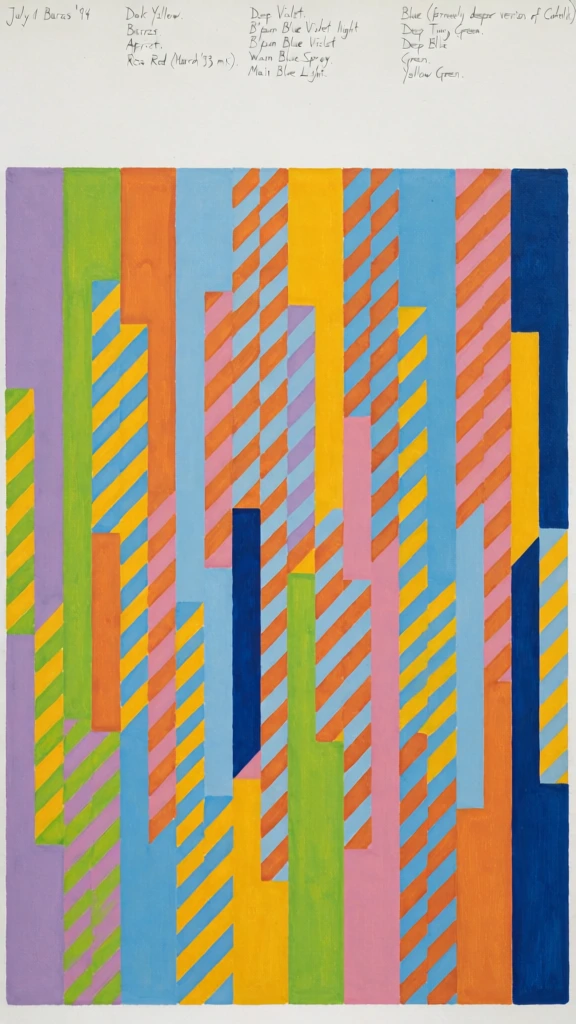 An abstract geometric composition features a vibrant array of interlocking vertical columns filled with solid colors and diagonal stripes set against a white paper background. The artwork consists of numerous vertical segments of varying heights and widths, creating a rhythmic, jagged pattern that stretches across the rectangular frame. These columns are populated with a diverse palette of lavender, lime green, sky blue, orange, yellow, pink, and navy blue. Many segments are divided into repetitive diagonal bands, alternating colors like yellow and blue, or orange and light blue, which create a sense of optical vibration and woven texture. The shapes are defined by sharp, clean, hard edges with a flat application of opaque color. Above the central composition, the white margin of the paper contains several lines of faint, handwritten text in grey pencil. In the top left corner, the text reads "July 1 Baracs '94". Moving toward the center top, columns of words include "Dark Yellow.", "Bronze.", "Apricot.", and "Rose Red (March '93 mix).". To the right of these, another set of notes reads "Deep Violet.", "B'par Blue Violet light", "B'par Blue Violet", "Warm Blue Spray.", and "Main Blue Light.". On the far right of the top margin, the text continues with "Blue (formerly deeper version of Cobalt)", "Deep Tung Green.", "Deep Blue", "Green.", and "Yellow Green.". The painting is captured from a direct, front-on perspective under even, neutral lighting that highlights the matte texture of the pigments.