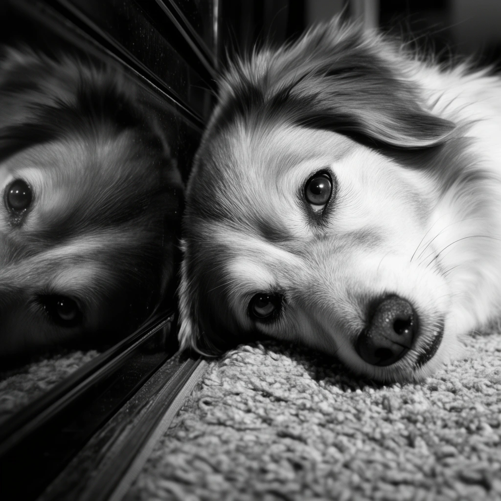 Black and white close-up of a dog resting its head on a textured rug beside a glossy dark panel. A clear reflection of the dog's face appears on the left. High-contrast lighting emphasizes the soft fur and expressive eyes.