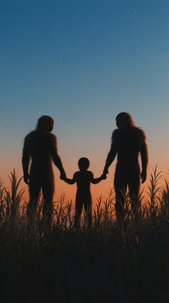 Three silhouetted, furry humanoid figures hold hands against a dusk sky. Two tall figures flank a shorter central one in a connected chain among tall foreground reeds. Cinematic wide shot with a blue-to-orange gradient horizon.