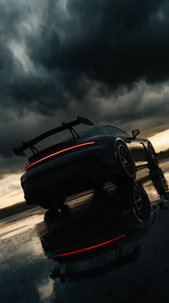 dark sports car from low rear angle, prominent aerodynamic wing, glowing red taillight bar, wet asphalt with crisp reflection, severe Dutch angle, heavy dark storm clouds, sliver of golden horizon light, moody cinematic photography