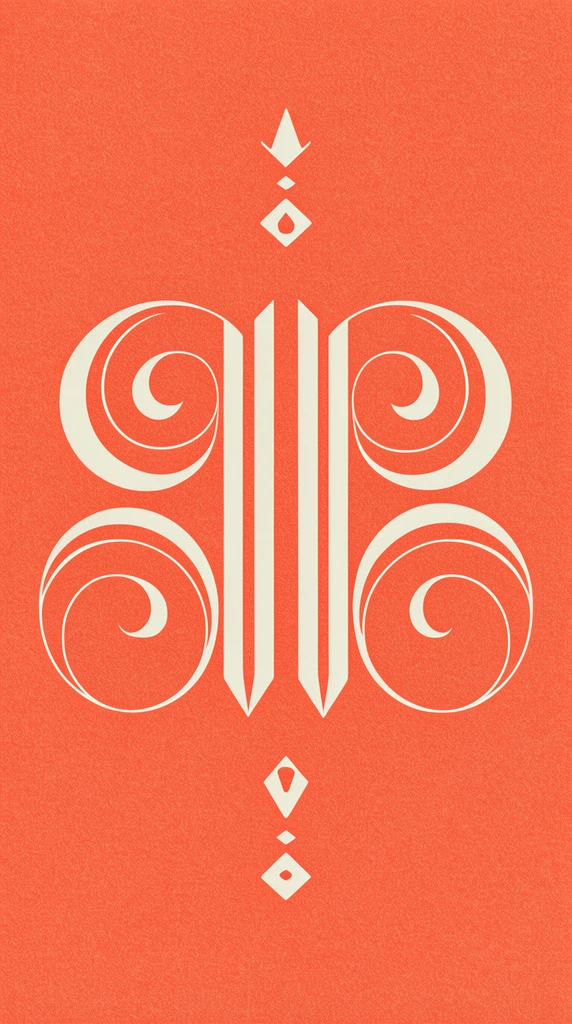 Cream-colored abstract shapes are centered on a vibrant coral-orange background with a fine grainy texture. The prominent central motif features elegant, high-contrast thick and thin curving strokes, ornate swirling flourishes, and rigid vertical pillars with pointed bases. Symmetrically aligned above and below this intricate design are smaller, evenly spaced geometric marks, creating a balanced, minimalist graphic layout with a warm, tactile finish.