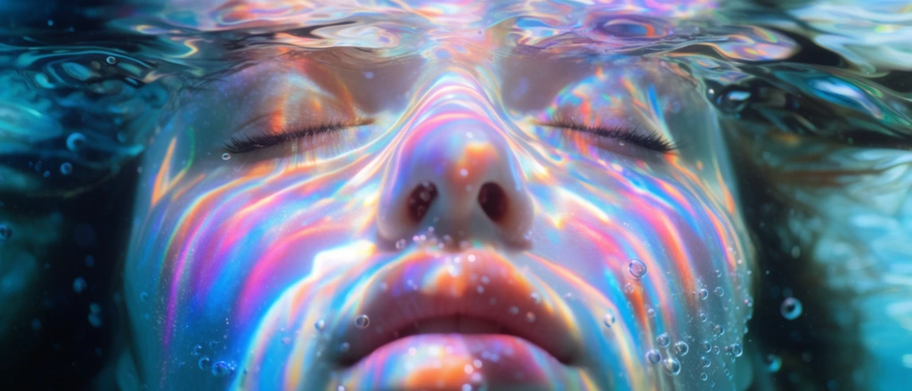 Close-up underwater portrait of a face with closed eyes and parted lips. Prismatic light refracts through the water, painting the skin with intense neon cyan, magenta, and orange streaks. Tiny air bubbles cling to the cheeks and chin. The undulating water surface above the brow creates a distorted reflection. Cinematic macro photography with ethereal holographic lighting.