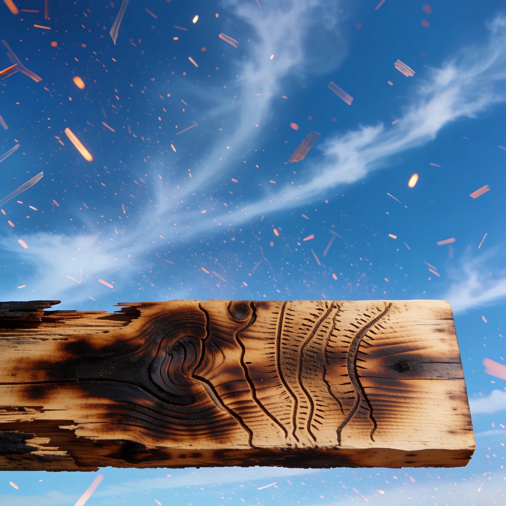 low-angle macro photography of a weathered wooden plank with deep black charring and intricate insect tracks, dense flurry of glowing orange embers and translucent white wood shards swirling in the air like schools of fish, brilliant clear blue sky background, high-contrast cinematic natural lighting, surrealist aesthetic with warm saturated tones, sharp textural detail with ethereal motion blur on flying particles, dreamlike atmosphere, wide-angle perspective
