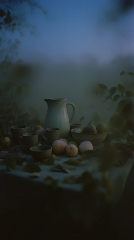 A cinematic still life arrangement of a pitcher, cups, a bowl, assorted fruit, and scattered leaves resting on a table during the atmospheric blue hour. The central elements emerge softly from a dense, ethereal mist, illuminated by low-key, diffused twilight. The color grading is deeply stylized with dark, desaturated teals, muted olive greens, and earthy browns, complemented by subtle hints of pale pink and dull yellow across the fruit. A pronounced shallow depth of field renders prominent foreground leaves as soft, blurry, out-of-focus silhouettes that frame the gently lit tableware. The background dissolves into a smooth, hazy gradient of dark blue skies and thick, enveloping fog. The rendering replicates medium format film photography, exhibiting a matte finish, delicate film grain, soft shadow roll-off, and noticeable edge vignetting to create a quiet, highly textured visual tone.