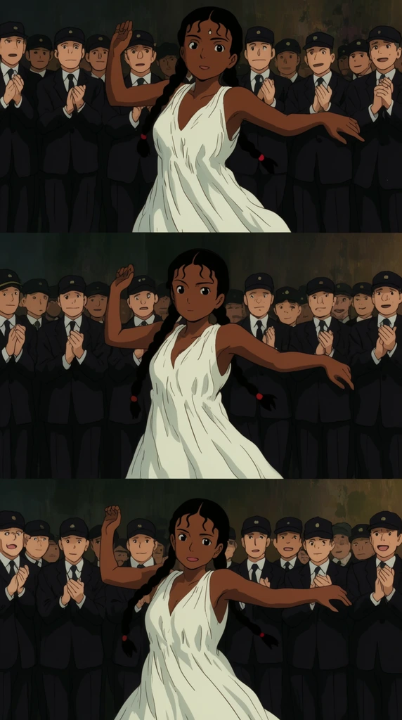 anime style multi-panel sequence, dark-skinned woman with twin braids dancing, flowing white dress, background men in dark suits and caps clapping