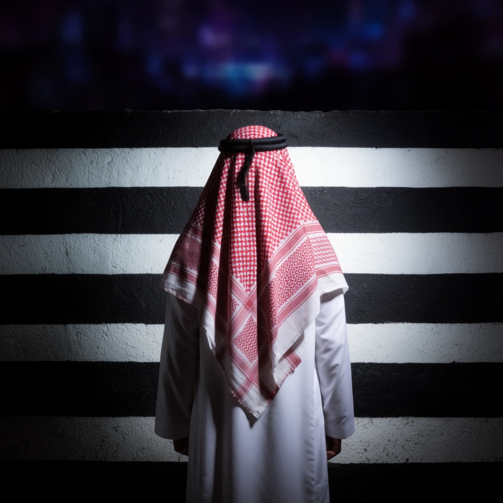 A figure viewed from behind stands centered against a textured wall of alternating horizontal black and white stripes. They wear a crisp white thobe and a red and white checkered keffiyeh secured with a black agal. A harsh frontal spotlight illuminates the subject, casting a subtle shadow on the graphic backdrop. Above the wall, the scene transitions into a deeply blurred, dark expanse tinged with faint blue and purple light, creating a high-contrast, cinematic, and enigmatic atmosphere.