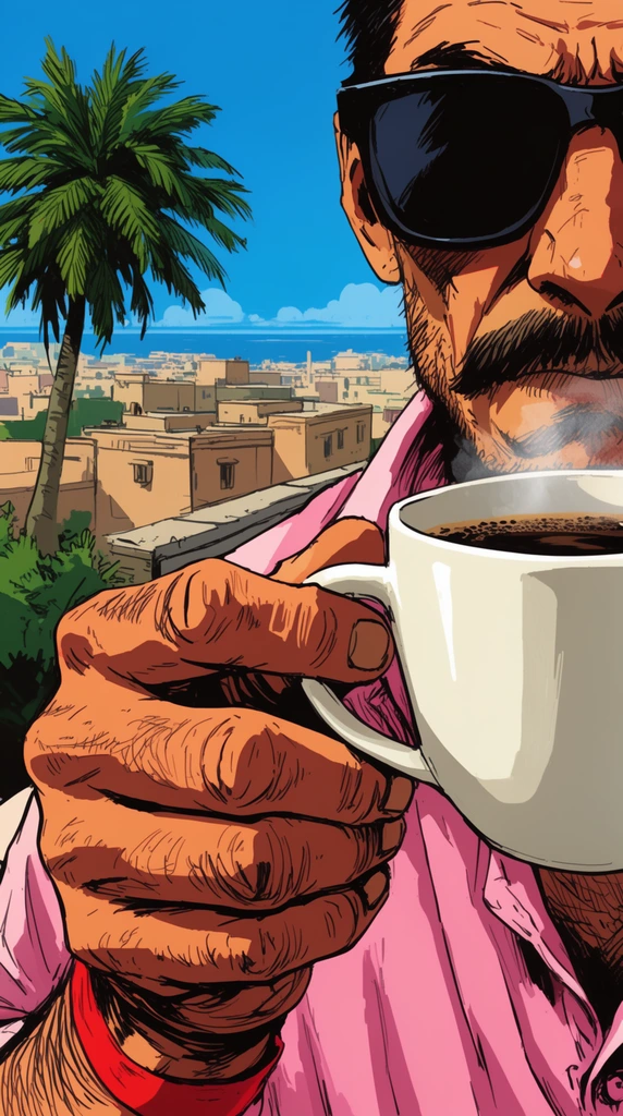 A close-up cel-shaded illustration of a rugged man holding a steaming white ceramic mug of dark coffee. An intricately inked hand dominates the foreground. The partially cropped man wears dark sunglasses, a mustache, a pink collared shirt, and a red wristband. The vibrant background depicts a sunlit coastal city with a green palm tree and tan flat-roofed buildings under a clear sky, defined by bold black outlines and high-contrast flat colors.