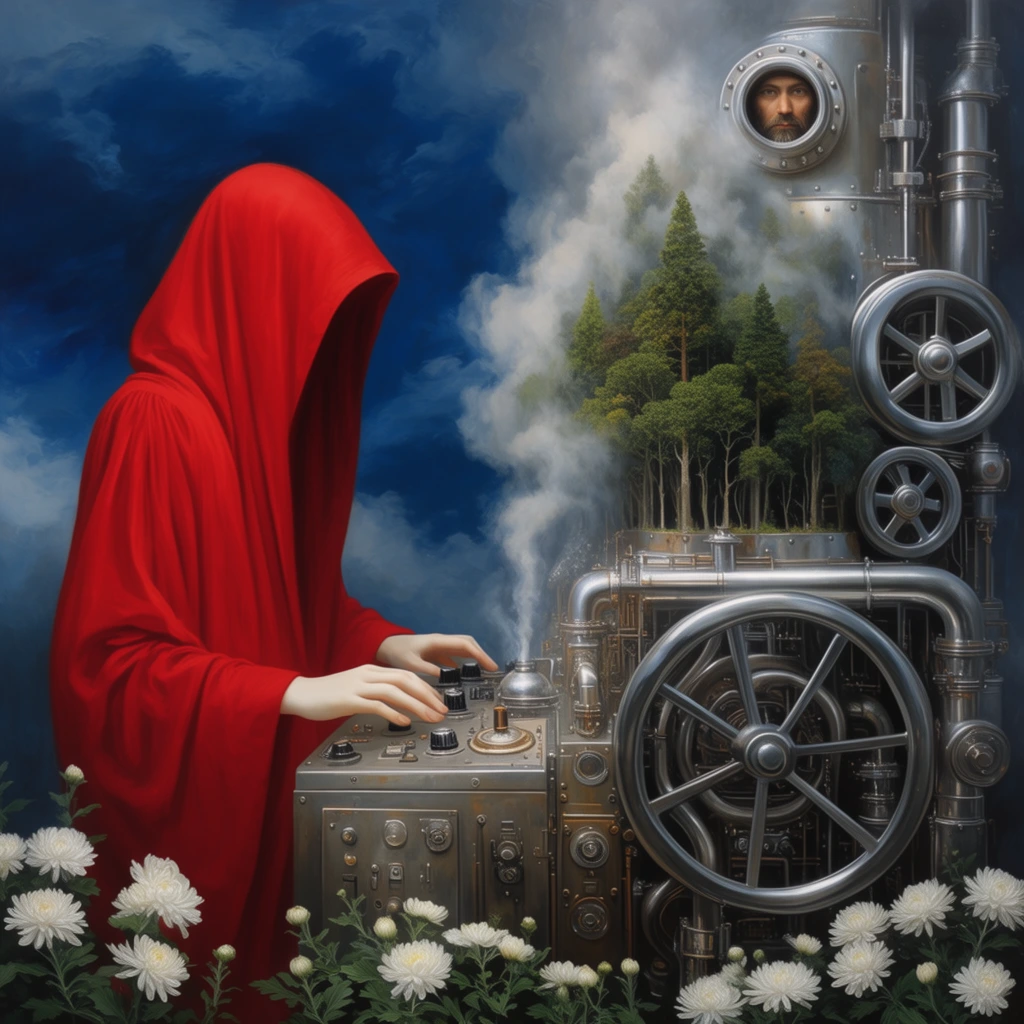 A figure in a vivid red hooded robe operates an intricate metallic machine in a surreal environment. The draped crimson fabric conceals the head, leaving pale hands hovering over a steaming control board. Beside them, towering industrial machinery features polished silver pipes, massive spoked wheels, and a miniature forest growing from its smoke-shrouded midsection. A tiny bearded human face peers from a top porthole. White chrysanthemums bloom in the foreground. A dark blue sky with turbulent clouds frames this hyper-detailed blend of mechanical and organic surrealism.