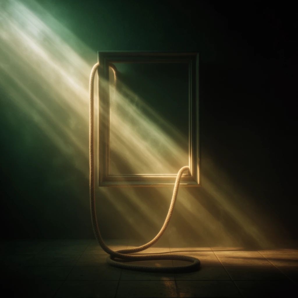A single, continuous loop of thick cord passes through a rectangular wall frame, descends to a tiled floor, and loops back up, bathed in a cinematic, hazy atmosphere with diagonal volumetric light rays. The rectangular frame hangs centrally on a heavily shadowed wall. The thick, textured cord enters through the frame's top left corner, drops down to rest on the smooth tiled floor, and arcs upward to re-enter the frame at the bottom right corner. Intense, ethereal beams of golden-green light angle sharply from the upper left, piercing thick atmospheric mist to create striking god rays. This dramatic, high-contrast lighting creates strong chiaroscuro, casting brilliant highlights on the illuminated sections of the cord and frame while plunging the surrounding wall and outer edges of the floor into deep, rich, pitch-black shadows. The hyper-realistic, highly detailed rendering features a heavy vignette, focusing the sharpest clarity on the luminous, central intersection of light, frame, and cord within a rich, dark verdant green and warm gold color grading.