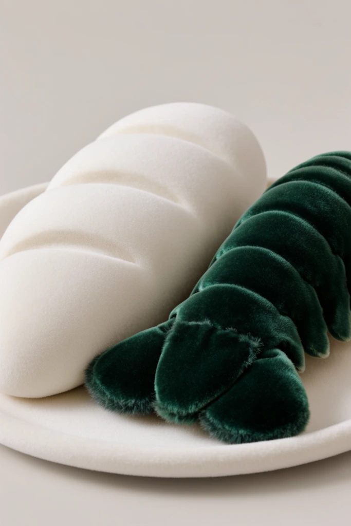 A sculptural still life of a lobster tail and a piece of bread resting on a round plate, rendered entirely in soft, tactile upholstery materials. The bread and the plate are formed from a pristine, warm-toned matte white flocked material featuring smooth, gently rounded contours and a powdery, uniform finish. Beside the white bread, the segmented lobster tail is crafted from a rich, dark emerald green plush velvet with a dense, lustrous pile and slightly textured faux-fur edges. The objects are closely cropped and centered against a flat, blank, pale warm-grey background. Soft, highly diffused, even studio lighting bathes the arrangement, casting gentle, low-contrast shadows that accentuate the voluminous, pillowy shapes of the stark white elements and the deep, light-absorbing qualities of the dark jewel-toned velvet. The framing is a clean, direct close-up, emphasizing the extreme textural contrast between the plush green fabric and the stark, sculptural matte white forms.