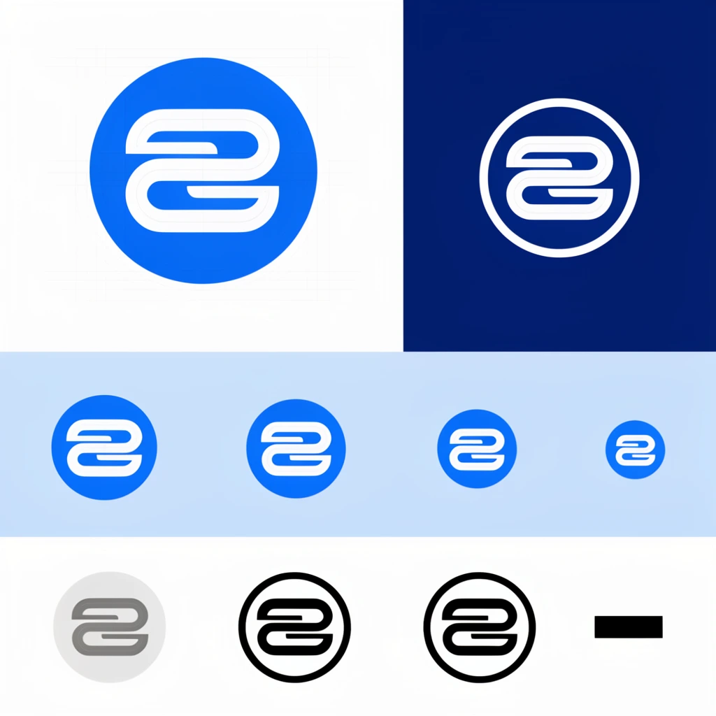 minimalist geometric presentation board divided into horizontal tiers, prominent blue circular emblem containing two white interlocking horizontal bands with rounded edges, faint structural grid lines outlining the primary emblem, dark blue rectangular block displaying a reversed white emblem, central light blue horizontal band featuring four identical circular emblems decreasing in size from left to right, bottom section illustrating grayscale and high-contrast black-and-white variations of the emblem alongside dark rectangular shapes, flat vector graphics, clean corporate aesthetic, crisp edges, stark white and light blue background