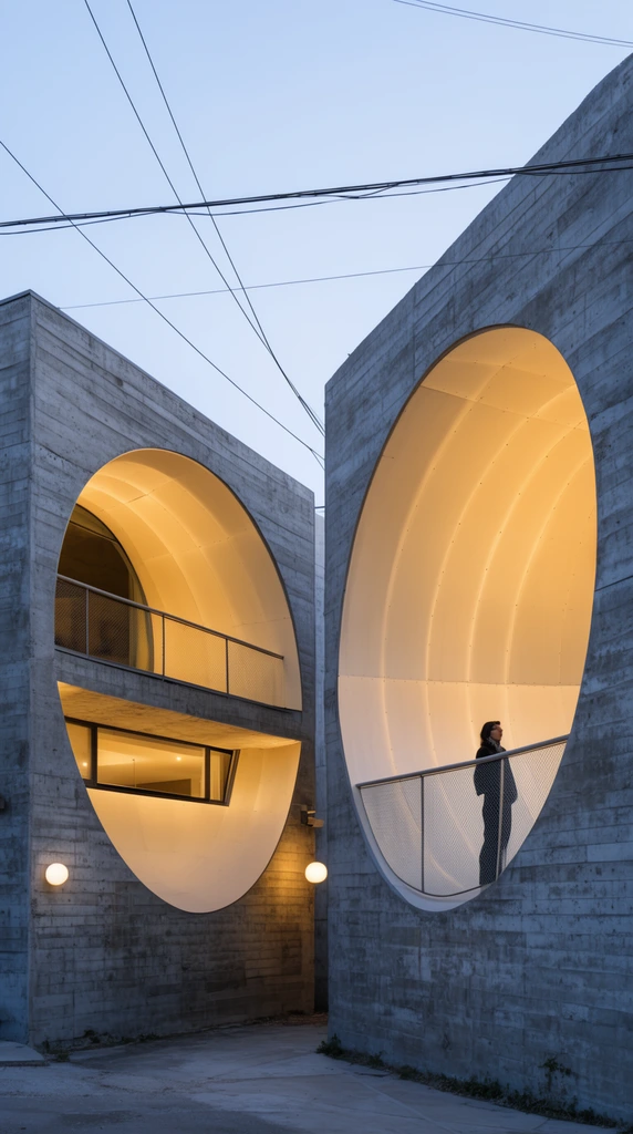 Massive spherical voids are carved into the adjacent facades of two board-formed concrete buildings, glowing with warm yellow light against a pale blue twilight sky. Inside the right crescent-shaped void, a person stands on a curved balcony enclosed by a metal mesh railing. The left void reveals an upper balcony and a horizontal window. The rough grey exterior starkly contrasts with the smooth, luminous panels lining the spherical indentations. Minimalist globe lights and intersecting overhead power lines accent the striking geometric architecture.