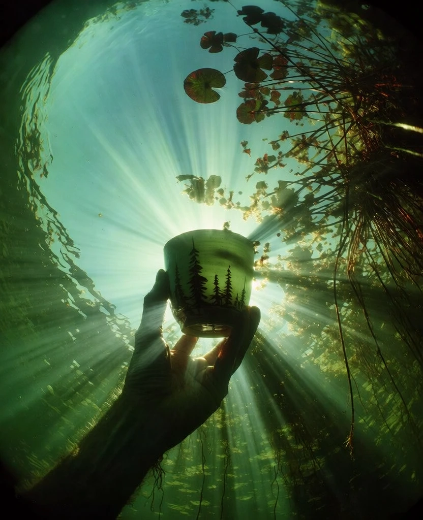 low angle underwater perspective looking upwards, sunrays piercing through clear murky green water, hand holding a minimalist ceramic cup with pine tree illustrations, silhouette against the bright sky visible through the water's surface, dramatic god rays radiating from the center, aquatic vegetation and lily pad roots framing the composition, ethereal cinematic atmosphere, wide angle lens distortion, soft light bokeh, natural textures, dark emerald and sun-bleached teal color palette.