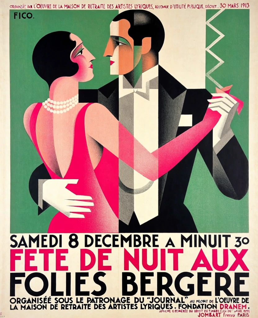 An Art Deco poster features a stylized, geometric couple dancing closely above bold French text advertising an event at the Folies Bergère. On the left, a woman with black hair in a profile view wears a vibrant pink gown adorned with a triple-strand pearl necklace, her form defined by sharp, intersecting lines and gradients. Facing her, a man in a black and white tuxedo is rendered through cubist-inspired shapes, with a white, four-fingered hand resting on the woman's waist. The figures are positioned against a backdrop of flat green and cream-colored geometric panels divided by a central vertical line, with a white zig-zag motif in the upper right quadrant. At the very top, small red text reads "ORGANISÉE PAR L'OEUVRE DE LA MAISON DE RETRAITE DES ARTISTES LYRIQUES, RECONNUE D'UTILITÉ PUBLIQUE, DÉCRET... 30 MARS 1913", while the signature "FICO." appears in the upper left. The lower third of the poster contains prominent text, starting with "SAMEDI 8 DECEMBRE A MINUIT 30" in black, followed by "FETE DE NUIT AUX" in large, bold pink capital letters, and "FOLIES BERGERE" in large black capital letters. Beneath this, smaller black text states "ORGANISÉE SOUS LE PATRONAGE DU 'JOURNAL' AU PROFIT DE L'OEUVRE DE LA MAISON DE RETRAITE DES ARTISTES LYRIQUES . FONDATION DRANEM .", with "AFFICHE EXONÉRÉE DU DROIT DE TIMBRE (LOI DU 1er AVRIL 1898)" and "JOMBART Freres PARIS" at the bottom right. The artistic style is characterized by its high-contrast color palette of pink, green, cream, black, and grey, utilizing sharp outlines and flat planes of color to create a modern, rhythmic composition typical of early 20th-century graphic design.