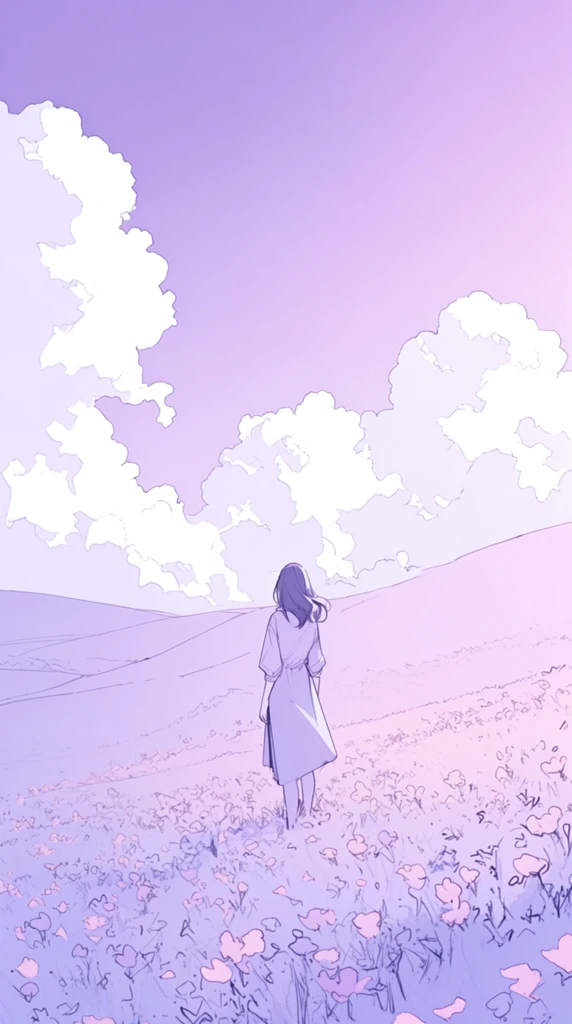 A woman stands amidst a sprawling field of flowers, her back turned to face a distant expanse of rolling hills, rendered in a delicate, cel-shaded digital illustration style. The composition employs a high-key, monochromatic pastel color palette dominated by soft lavenders, pale lilacs, and gentle pink gradients. The main subject and the surrounding landscape are outlined with thin, sketchy indigo linework, filled with flat colors and minimal, crisp shading. The foreground terrain is defined by loose, jagged pencil-like strokes and scattered petal shapes, gradually giving way to the sweeping, unshaded contour lines of the distant hills. The upper two-thirds of the image features a vast, smooth purple gradient sky filled with massive, billowing white cumulus clouds. These clouds are illustrated with distinct, fine outlines and stark white interiors, lacking heavy volumetric shadows. The low-angle perspective emphasizes the immense, airy negative space of the sky above the solitary figure, creating an ethereal, manga-inspired aesthetic with a serene, atmospheric glow.