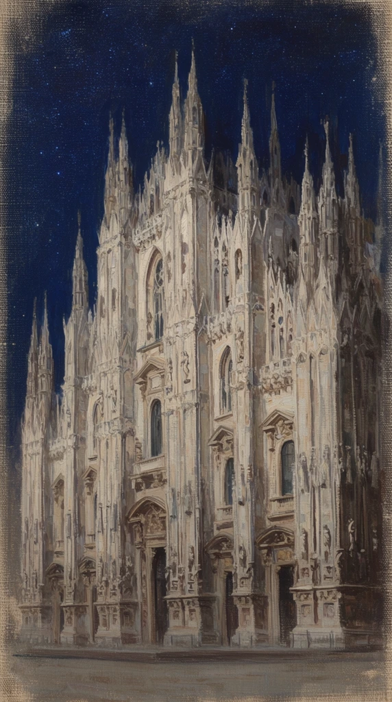 A magnificent Gothic cathedral painted in oil on a highly textured canvas stands illuminated against a deep indigo night sky speckled with faint stars. The grand structure features countless towering spires, intricate stone pinnacles, and arched entryways rendered with expressive brushstrokes. Pale beige and grey tones of the illuminated stone facade contrast sharply with the dark, moody background. The classical style emphasizes dramatic lighting and architectural complexity, highlighting delicate statues and ornate gothic details unified by the prominent weave of the vintage canvas.