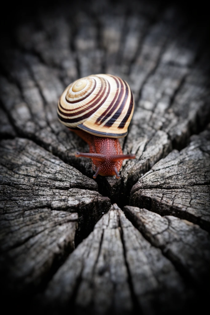 A macro photograph of a snail with a spiraling cream and dark brown striped shell traversing a deeply fissured, weathered tree stump. The reddish-brown snail is in sharp center focus above a dark radiating crack. A shallow depth of field and heavy vignette blur the surrounding rough wood, contrasting the smooth shell against the heavily textured, gray timber.