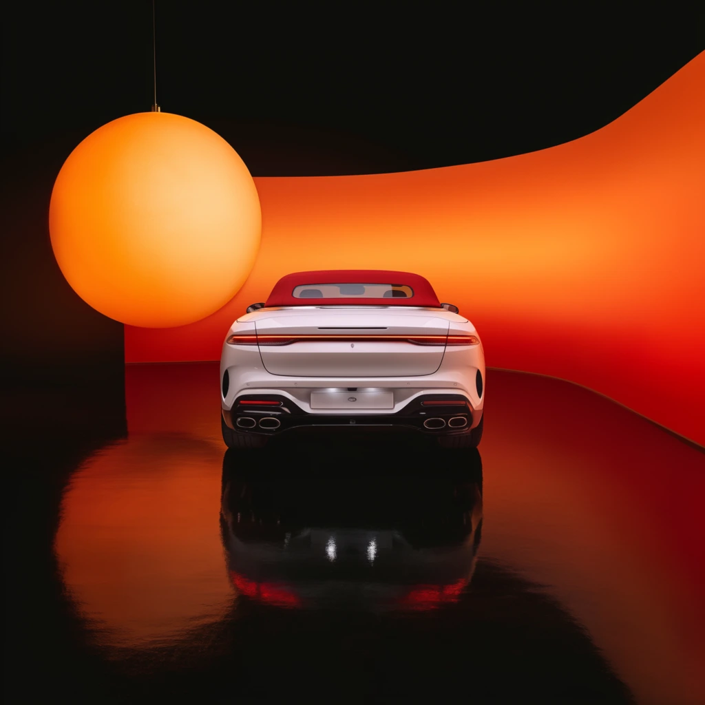 rear view of a sleek white luxury convertible with a red soft top, narrow illuminated taillights, dark minimalist studio setting, large glowing orange spherical light suspended on the left, curved backdrop radiating a vibrant orange and red gradient, highly reflective glossy black floor mirroring the car and luminous sphere, high-end automotive product photography, dramatic contrast, warm color palette