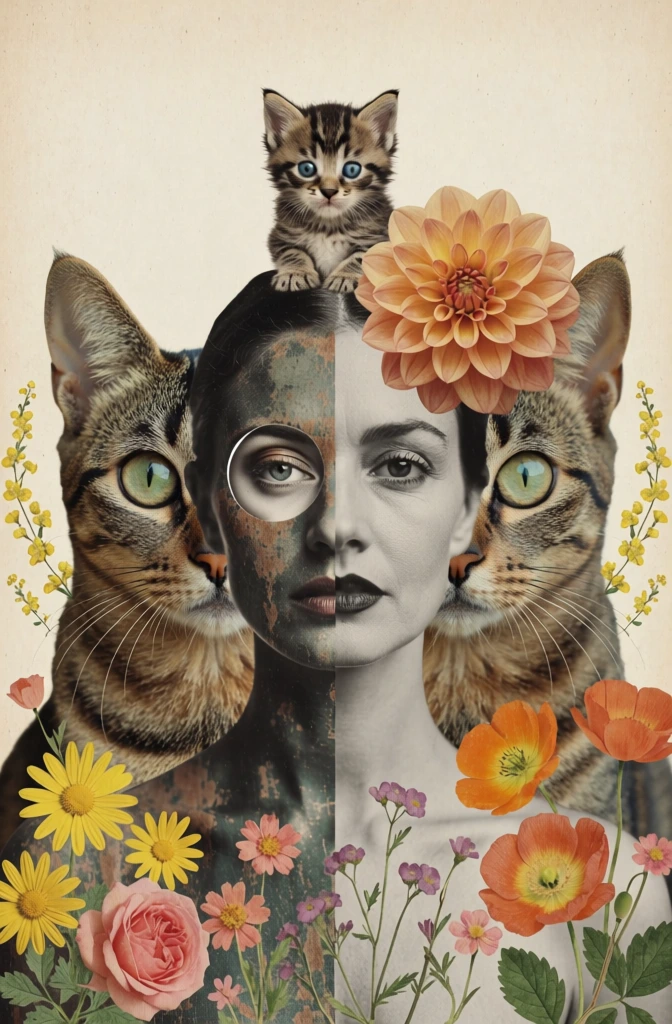 A surreal, symmetrical collage centers on a woman's face vertically bisected into two distinct halves against a textured cream background. The left side of the face features a dark, weathered texture with a circular cutout over the eye area revealing a layered gaze, while the right side is a clear, monochromatic portrait with smooth skin and dark lipstick. Two large tabby cats are positioned directly behind her, their oversized green eyes and pointed ears framing her face on either side. A small tabby kitten with bright blue eyes sits perched at the top center of her head, and a large, multi-layered orange dahlia flower rests on the upper right. The bottom of the frame is filled with a dense variety of flora, including yellow daisies, pink roses, orange poppies, and small purple wildflowers with green stems and leaves. Smaller sprigs of yellow blossoms curve upward along the sides of the large cats' heads. The composition is balanced and front-facing, utilizing a vintage aesthetic with muted, warm colors and a flat, layered texture throughout.