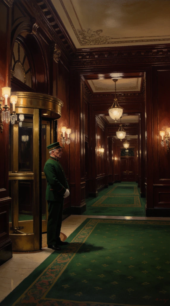 older male bellhop in a dark green uniform standing rigidly beside a brass revolving door, opulent empty 1920s hotel lobby at midnight, grand mahogany corridor, emerald green carpets, amber light from crystal wall sconces, deep shadows, thick realist oil painting brushstrokes
